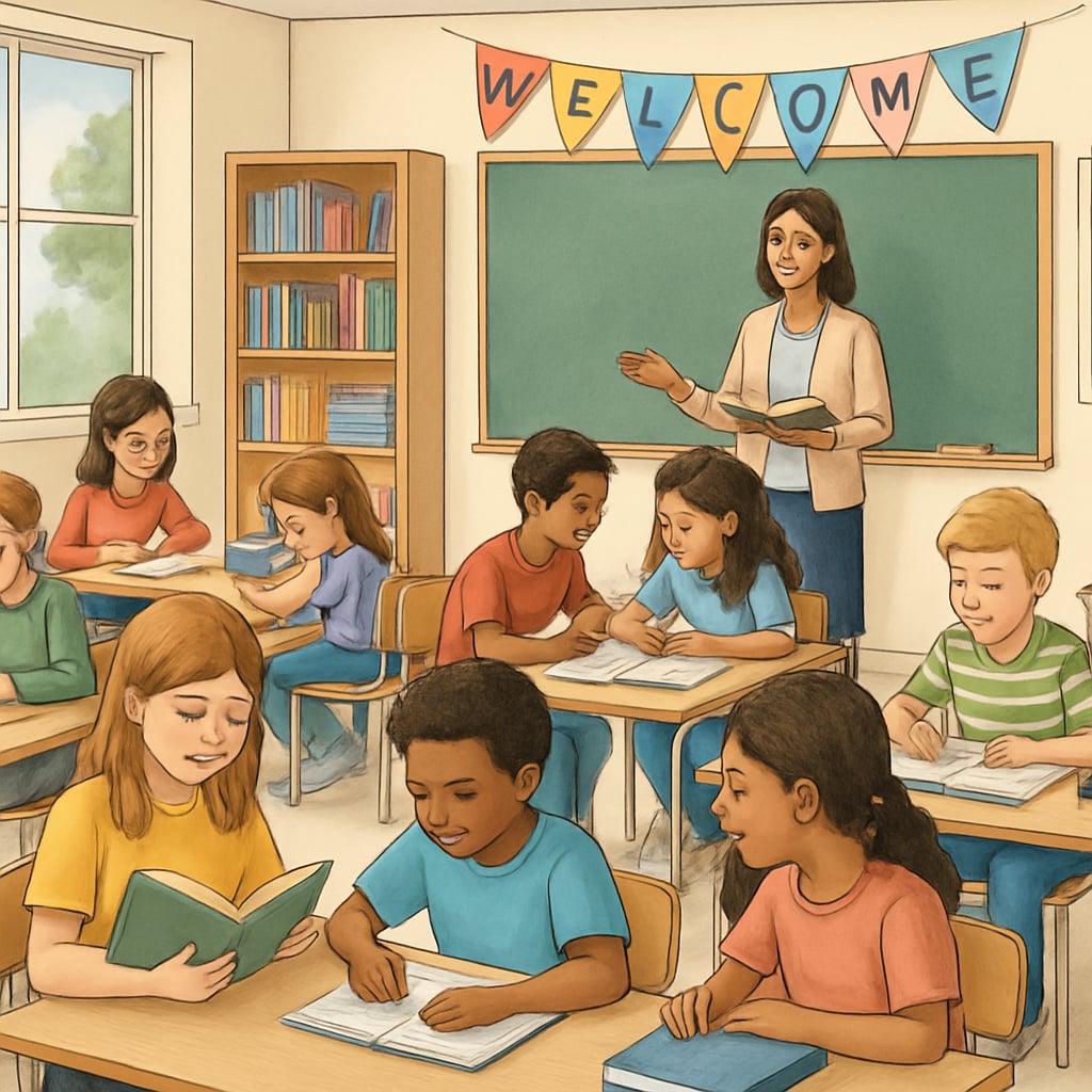A welcoming classroom environment with students actively engaged in learning activities. Public school classroom with students engaged in learning activities.