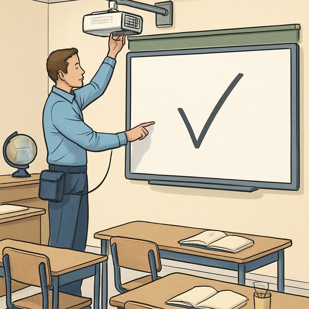 A technician setting up a classroom projector and testing an interactive whiteboard. IT technician setting up educational technology in a classroom, following school schedule.