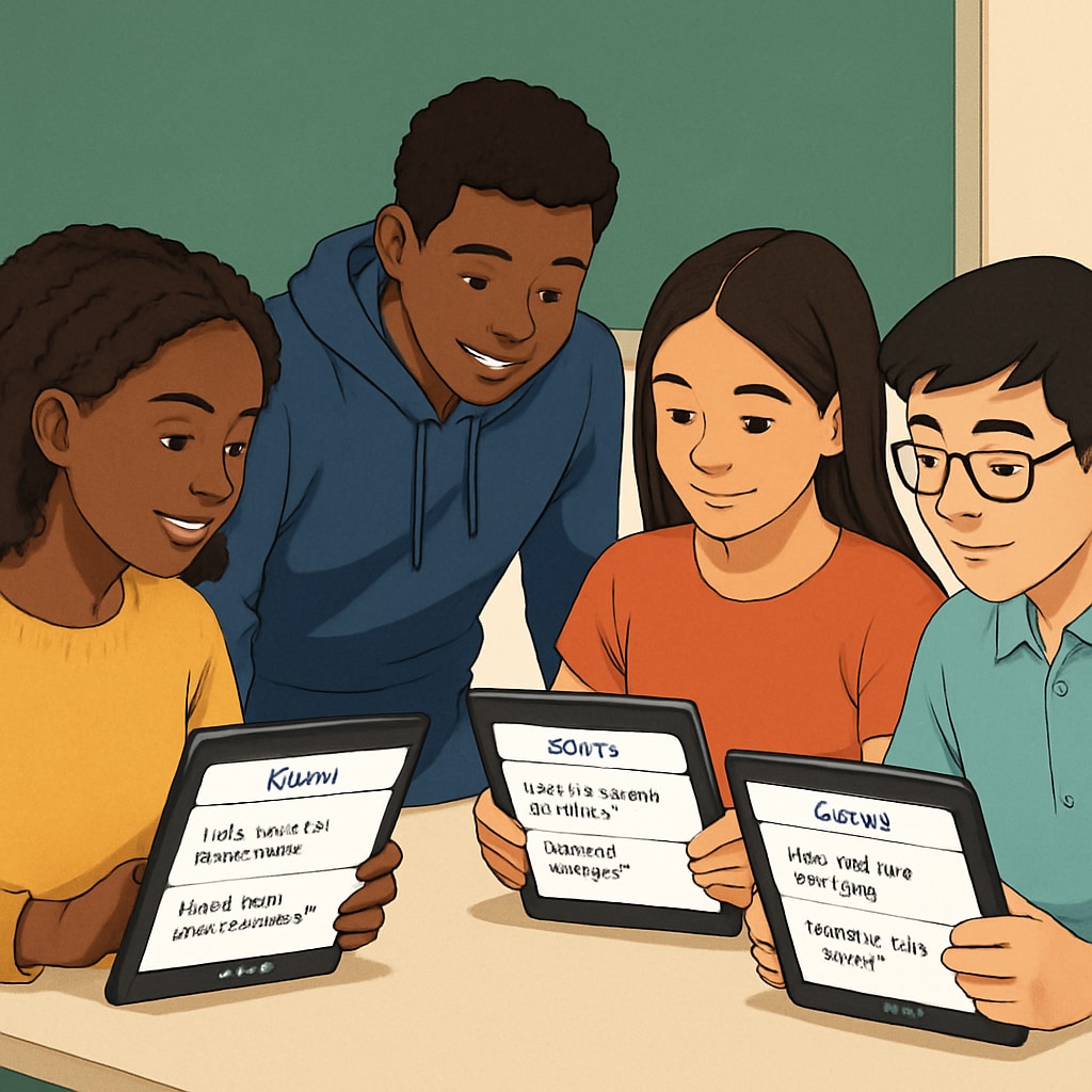 A diverse group of students collaboratively using Gurwi’s multi-language interface on digital tablets. Multi-language support for inclusive education with Gurwi app.