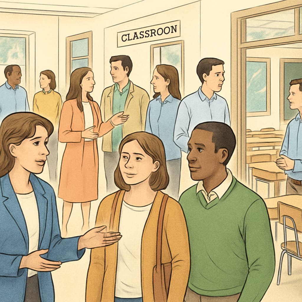 A group of parents attending a school open house, interacting with teachers and exploring the campus. Parents interacting with teachers during a school open house.