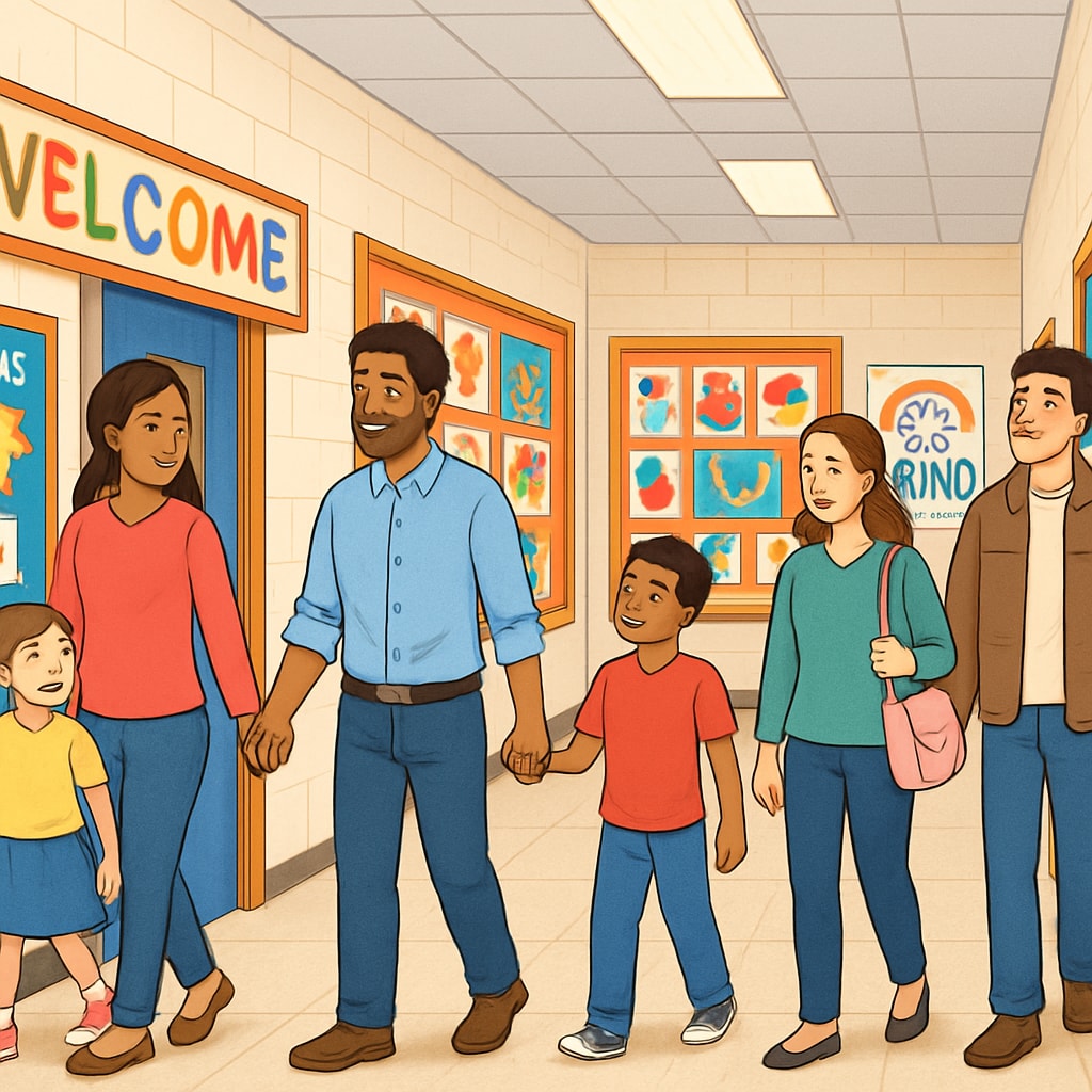 Parents and children walking through a vibrant elementary school hallway during an open house. Parents visiting a public school during an open house with their children.