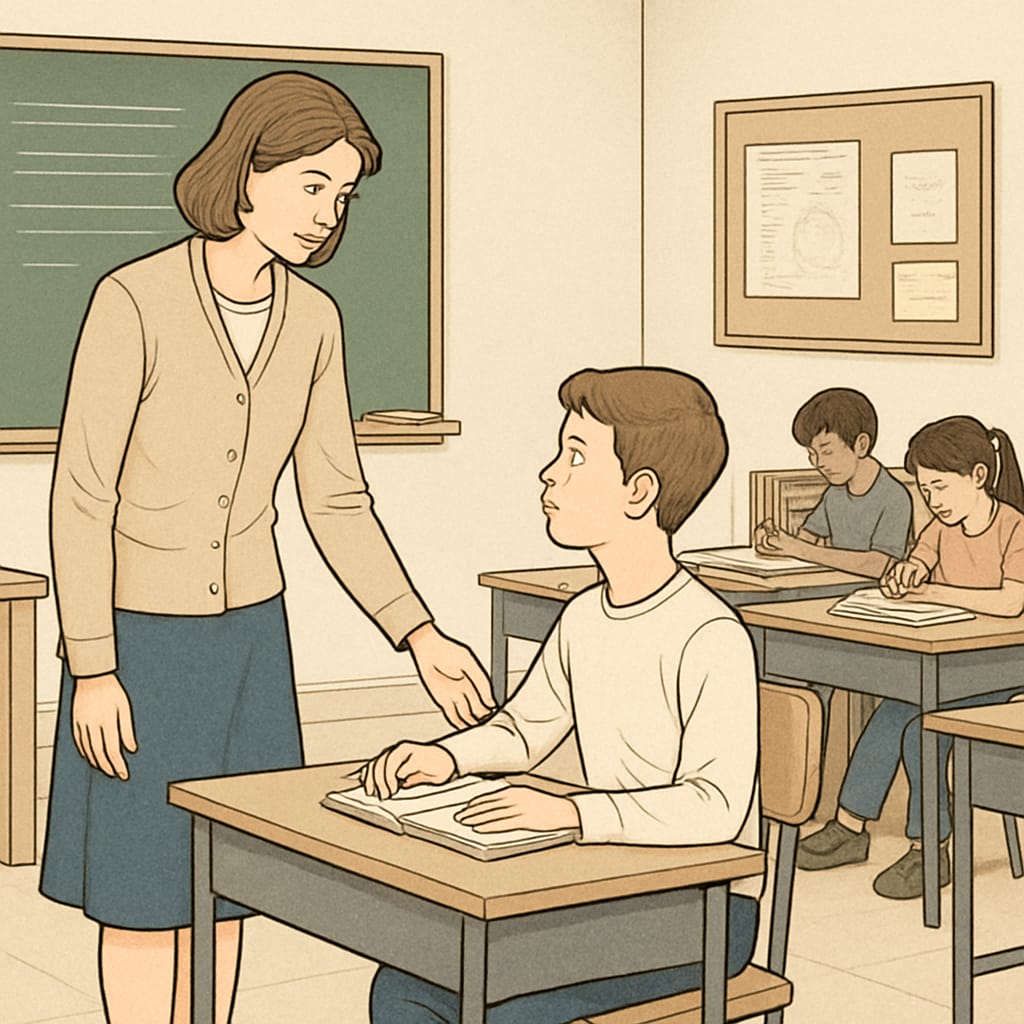 Teacher addressing a disruptive student in a public school classroom setting.