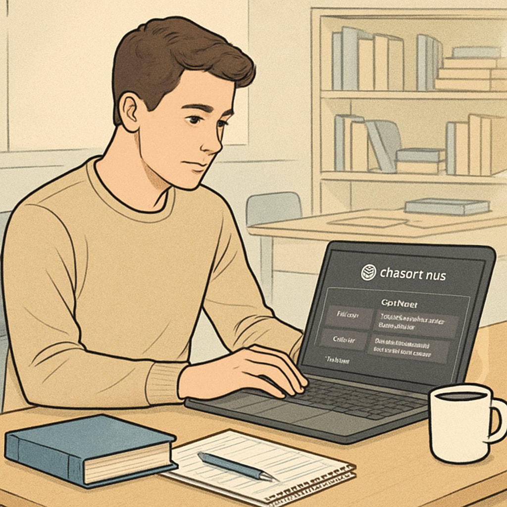 A university student using a laptop, with ChatGPT Plus interface visible on the screen, symbolizing AI-driven academic enhancement. University student utilizing ChatGPT Plus for academic assistance