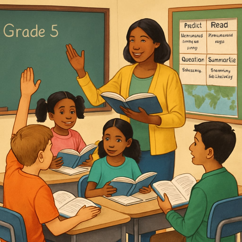 A Grade 5 classroom with students engaged in a group reading activity, showcasing diverse teaching methods. Students in a Grade 5 classroom participating in a reading activity with innovative methods.