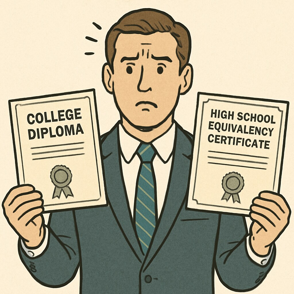 A professional individual holding both a college diploma and high school equivalency certificate, with a confused expression. A professional holding a college diploma and high school equivalency certificate, symbolizing credentialing confusion in Arizona.