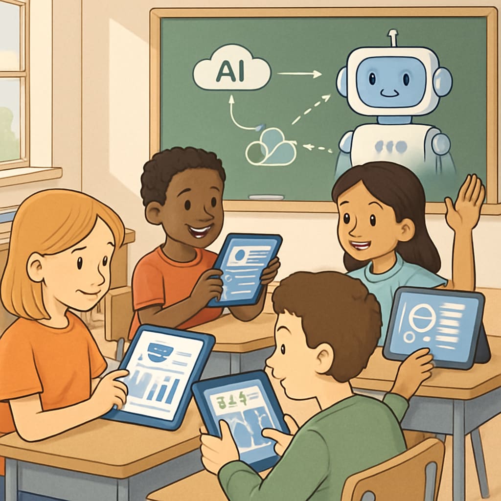 A classroom setting where children interact with AI-powered educational tablets, illustrating personalized learning in K12 education. Students engaging with AI-driven platforms for personalized learning