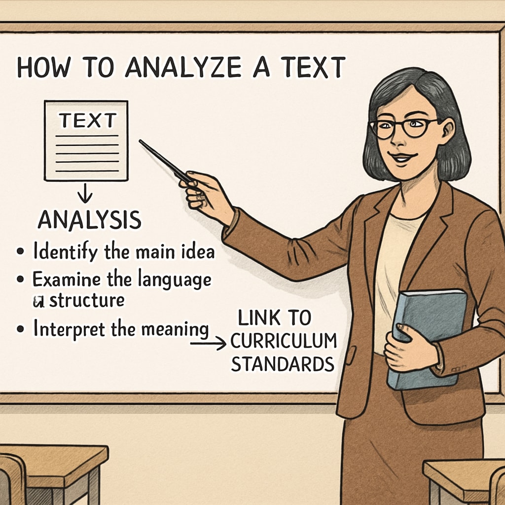 A teacher using a whiteboard to demonstrate how to analyze a text, linking it to curriculum standards. Teacher explaining text analysis to Grade 5 students, connecting it to ELA standards.