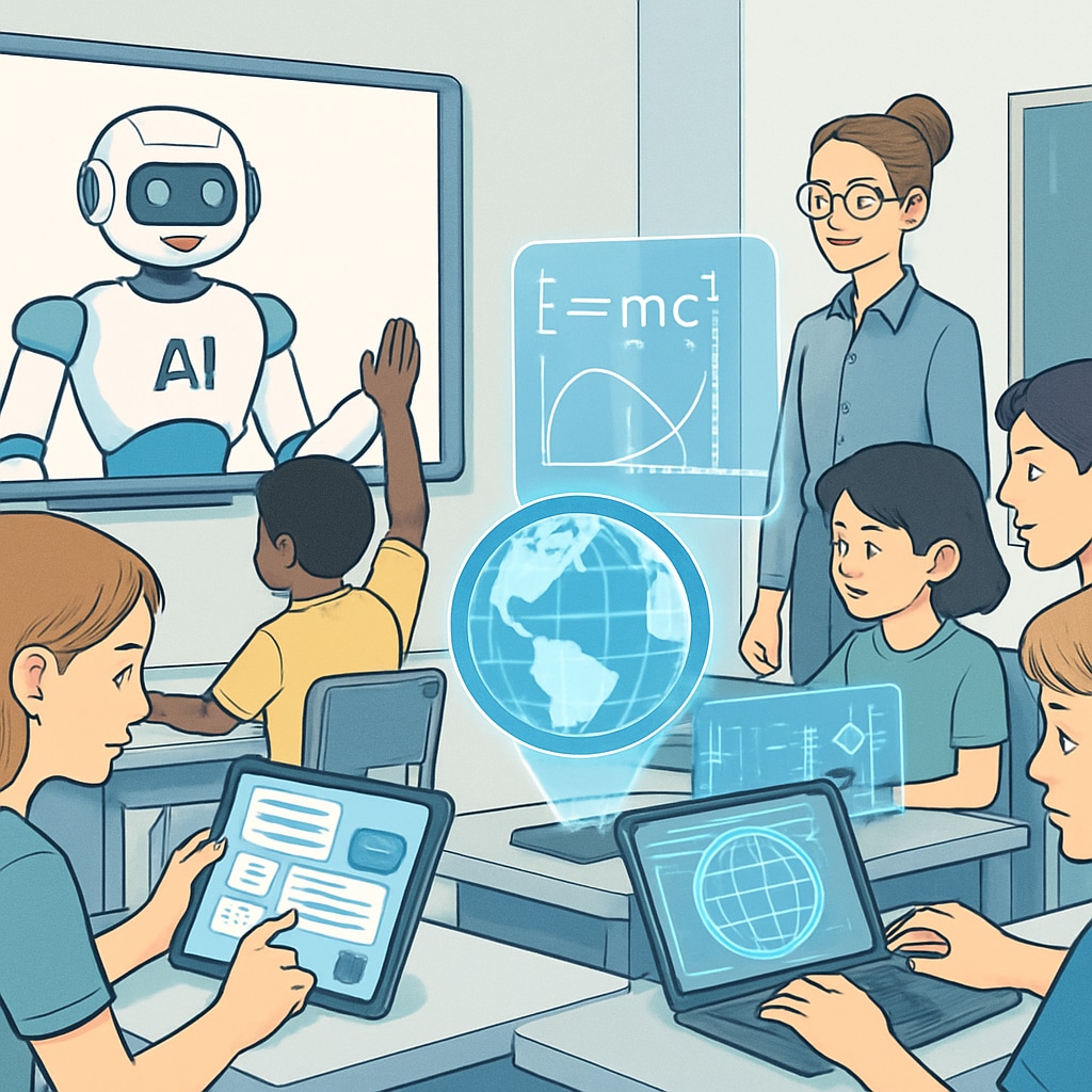 A futuristic classroom where students interact with AI-powered learning tools, emphasizing the role of technology in education. Students engaging with AI-powered tools in a classroom setting to prepare for future careers.