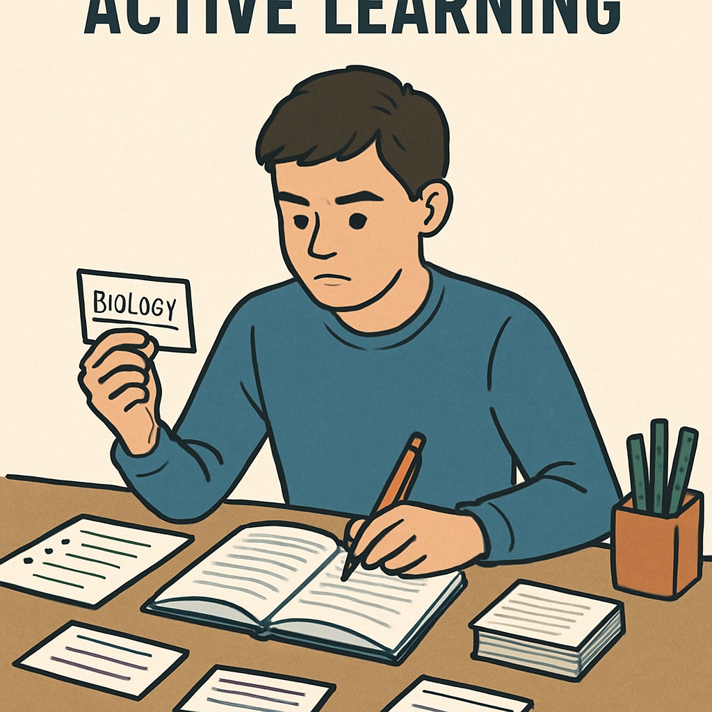 A teen studying with notes and flashcards, symbolizing active learning techniques. The image shows concentration and organization during study sessions. Teen studying with notes and flashcards for effective learning techniques