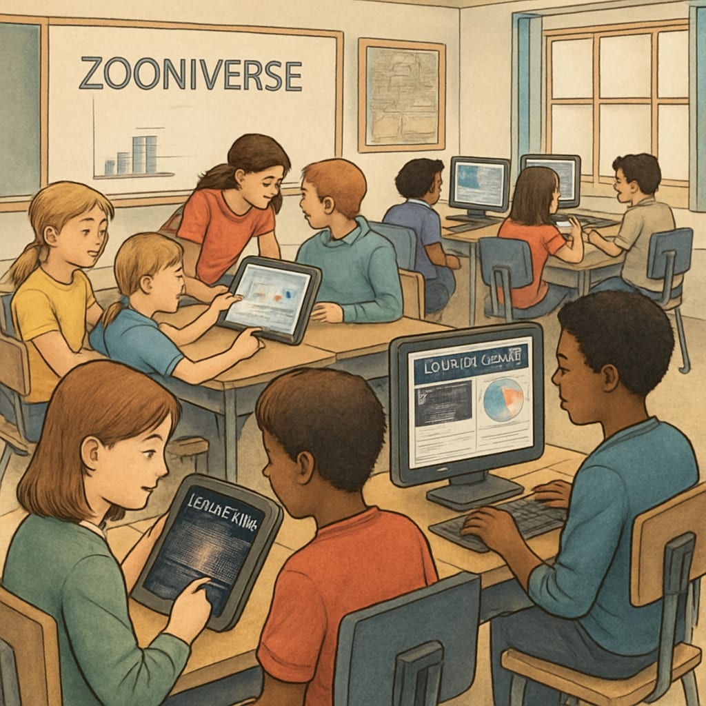 A classroom of K12 students engaged in Zooniverse citizen science projects, using tablets and computers. K12 students participating in Zooniverse citizen science projects.