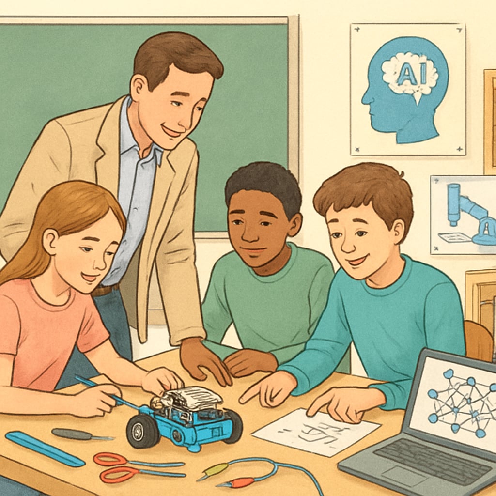 A teacher guiding students through a hands-on project, showcasing how project-based learning integrates with AI tools. Teacher and students collaborating on a project-based activity with AI technologies.