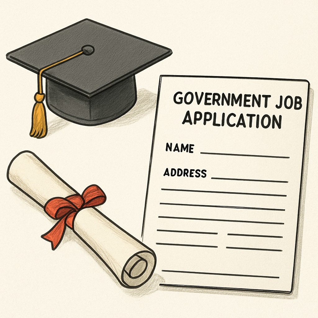 A graduation cap and diploma placed next to a government job application form, illustrating the connection between education and employment. The relationship between education and employment qualifications.