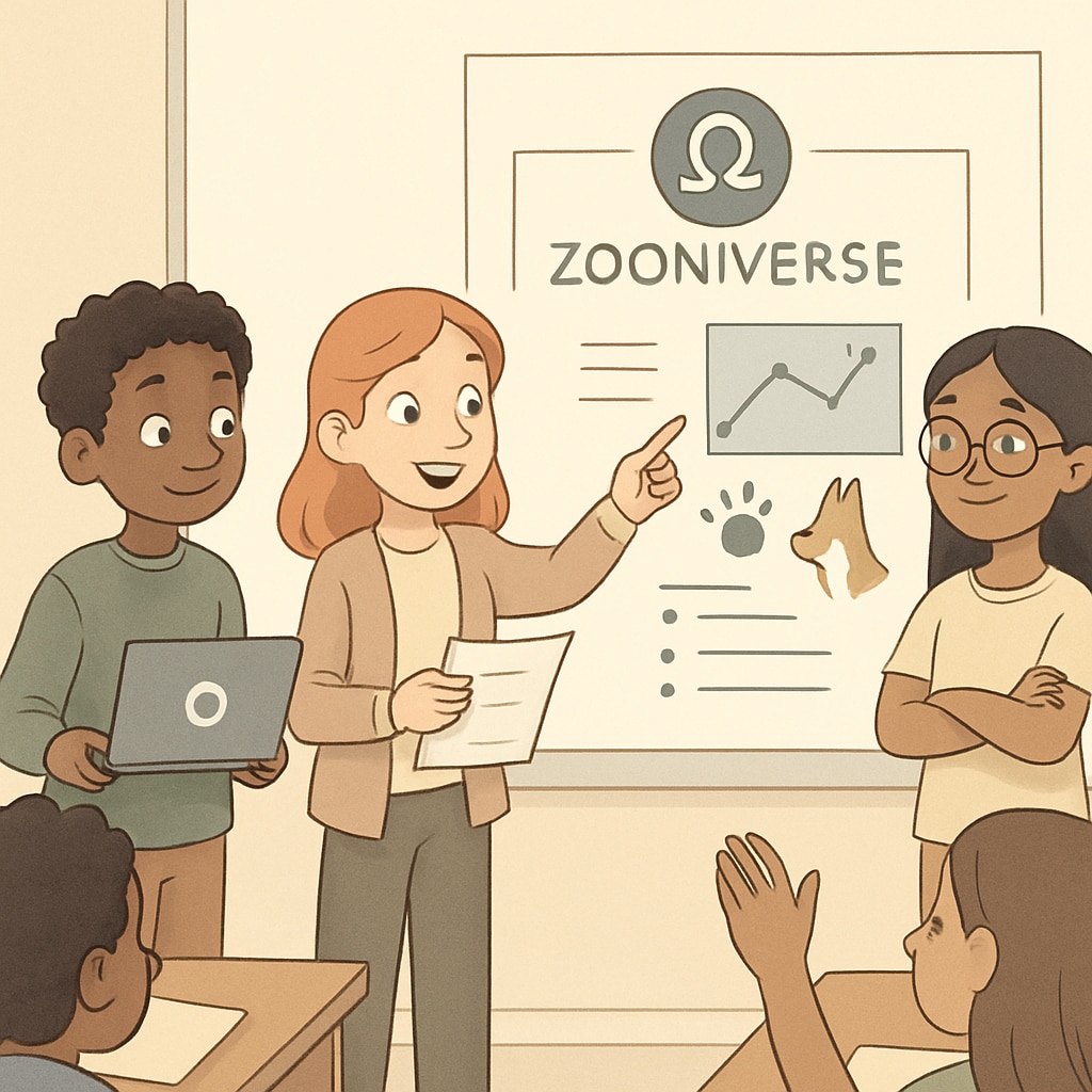 An inspiring image of young students presenting their findings from a Zooniverse science project in a classroom setting. Students sharing results from their Zooniverse science projects.