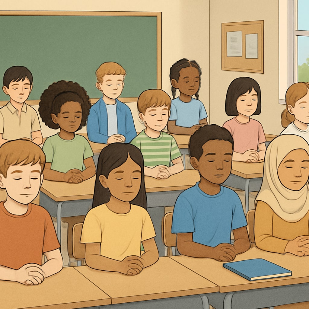 A classroom holding a moment of silence with students of diverse backgrounds. Students and teachers observing a moment of silence for global war victims.
