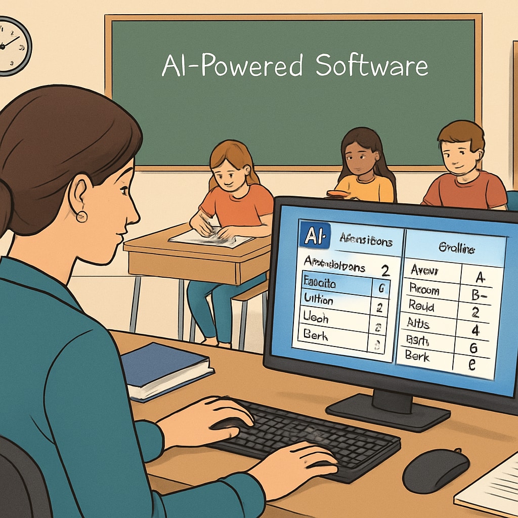 A classroom setting where a teacher uses AI-powered software to manage student attendance and grading. AI in education managing teacher administrative workload