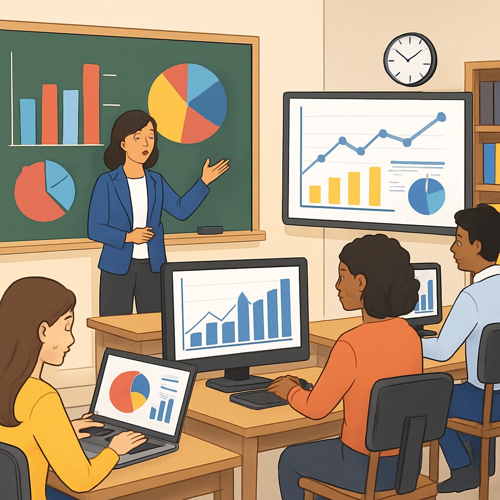 A classroom setting where students are engaging with data visualization tools, symbolizing preparation for careers in business analytics and finance. Students in a classroom using data tools to prepare for business analytics and finance careers.