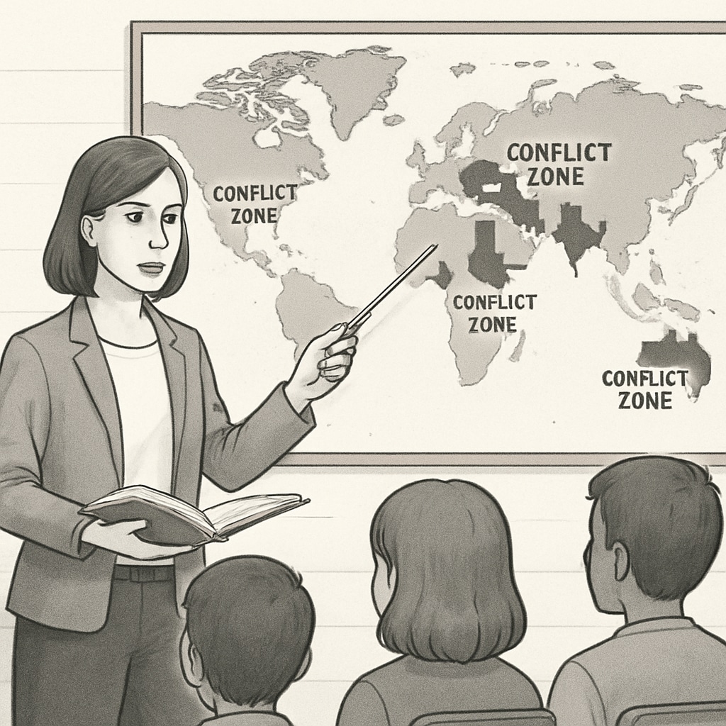 A teacher explaining a world map, with a focus on conflict zones. Educator teaching about global conflicts in a classroom setting.