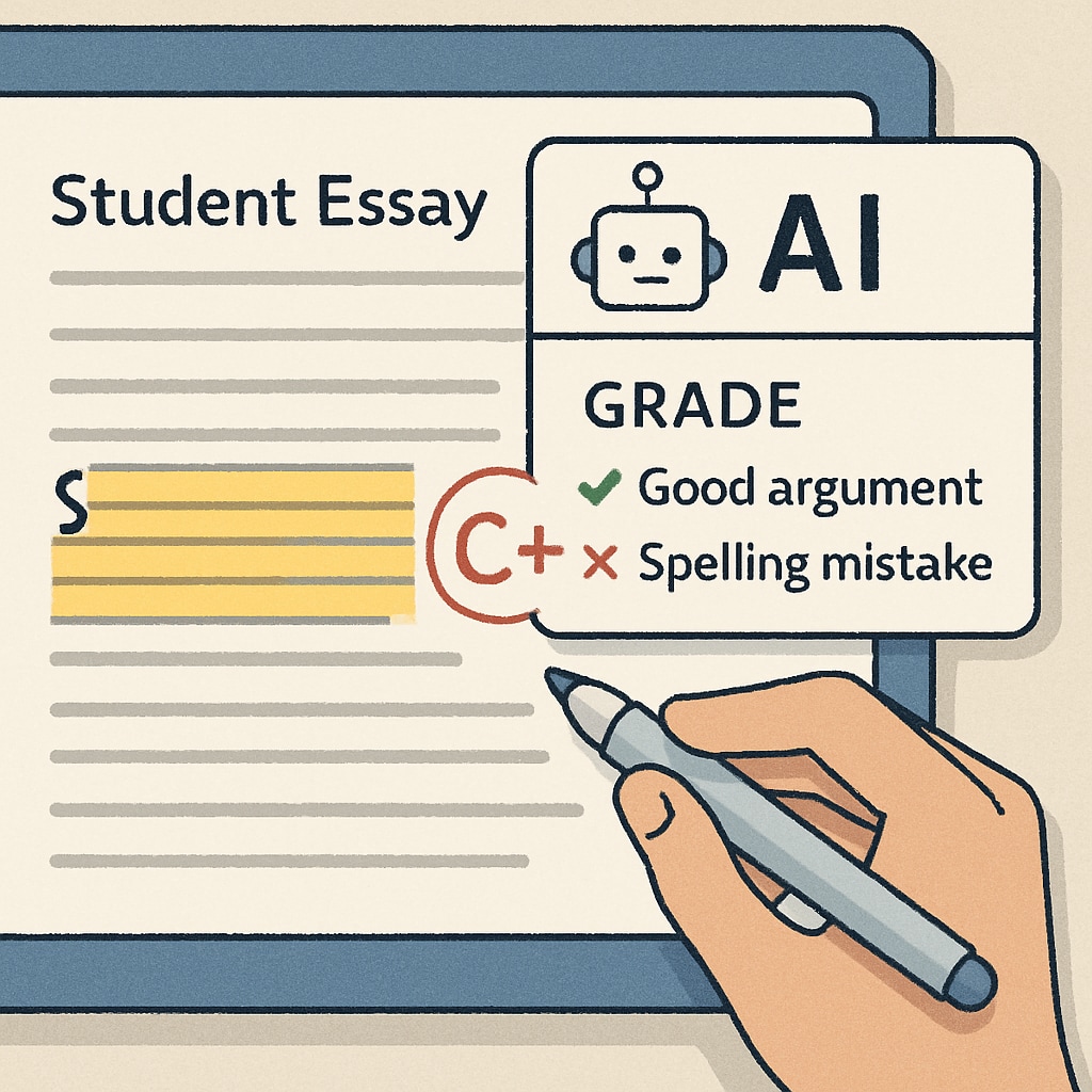 A close-up of an AI-powered grading tool analyzing a student’s essay. AI grading tool improving education efficiency