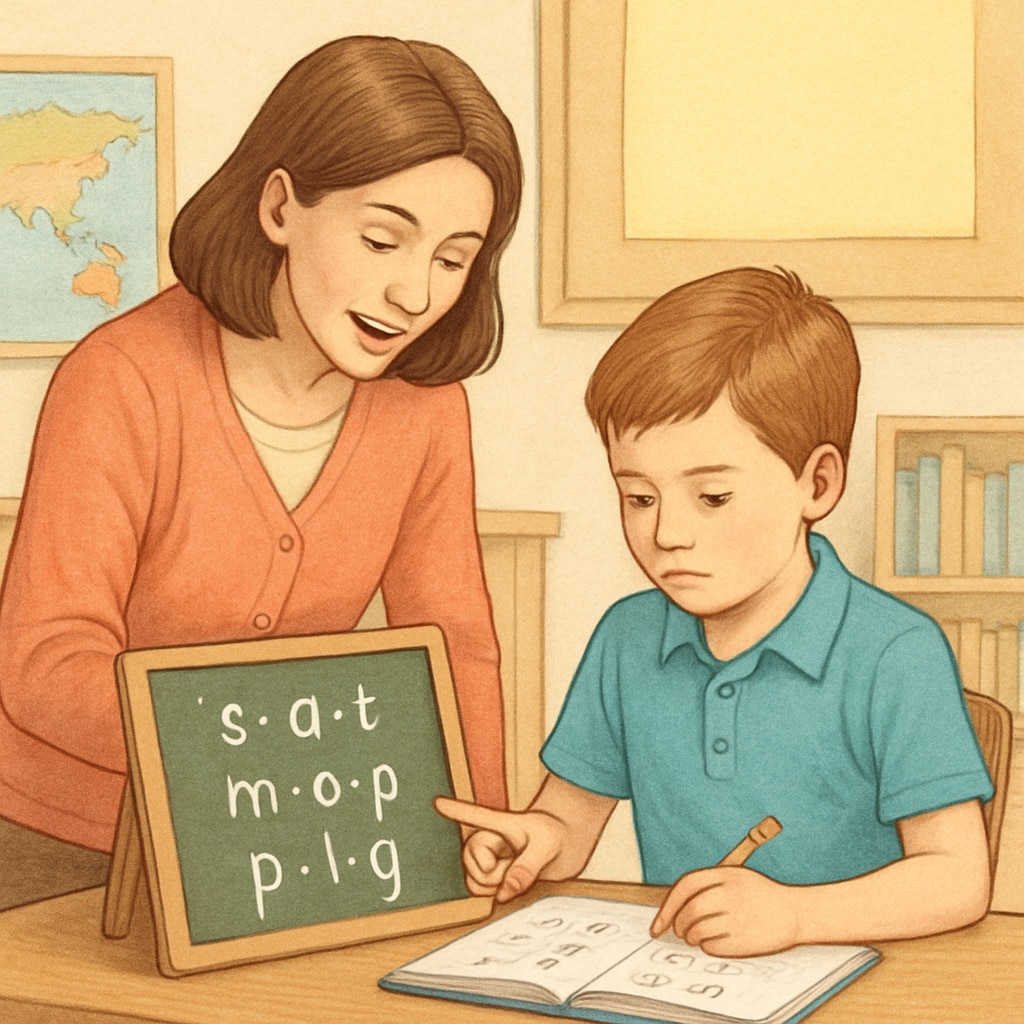 A teacher working with a student on decoding words, illustrating the phonics method. Teacher helping a student with phonics-based word decoding.