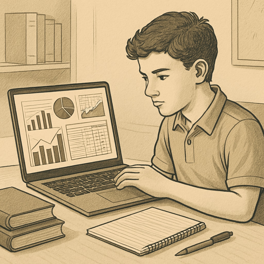 A teenager working on a laptop with charts and financial graphs on the screen, signifying early exposure to business analytics and finance concepts. A student reviewing charts and graphs, learning business analytics and finance basics.