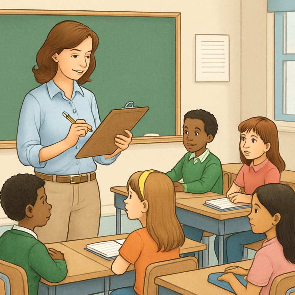 A classroom with a teacher marking attendance while students look on, representing school attendance policies. Classroom attendance tracking in K12 schools.