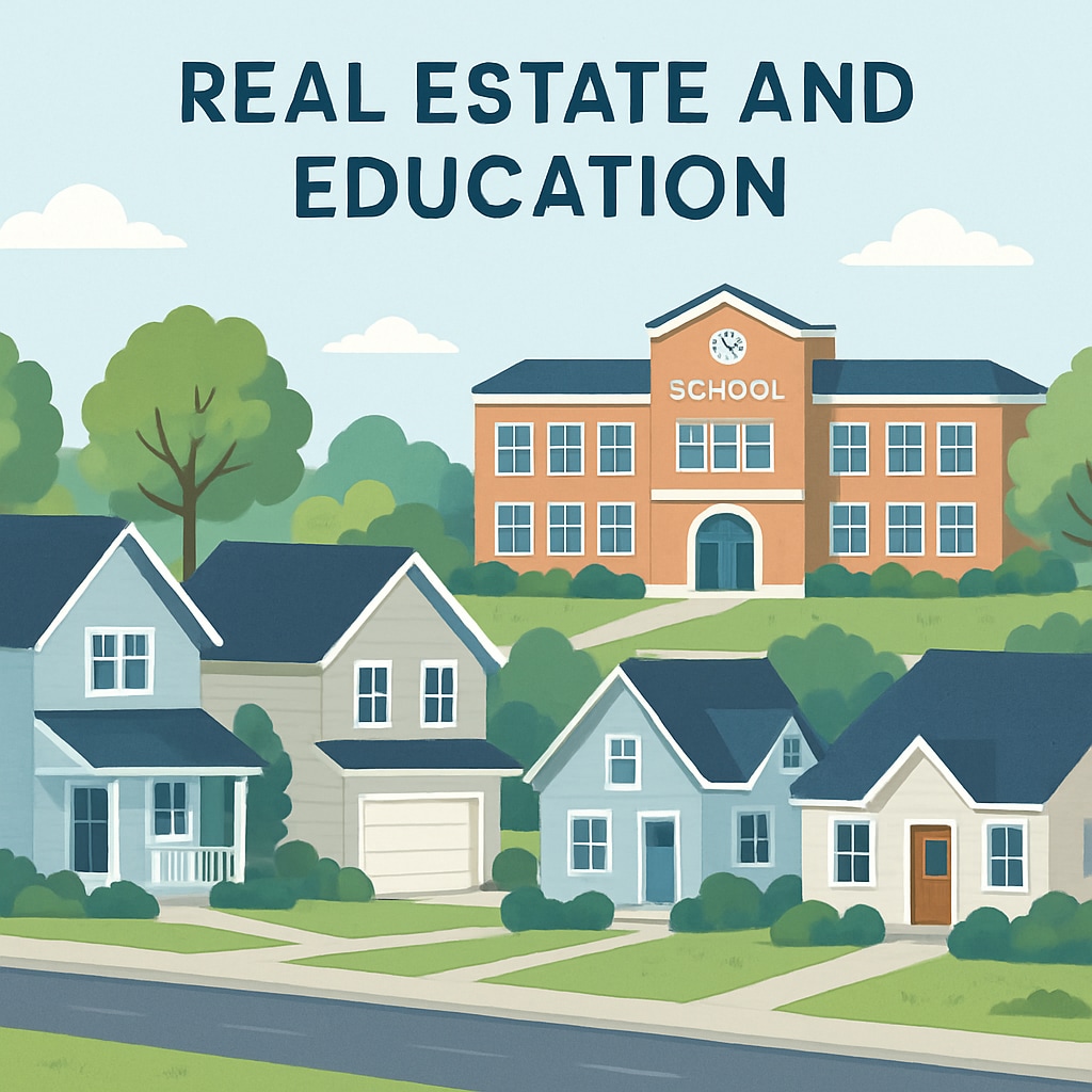 A suburban neighborhood with homes near a high-ranking school district, illustrating the connection between real estate and education. Suburban homes near a top-ranking school district, showing the link between housing and education.