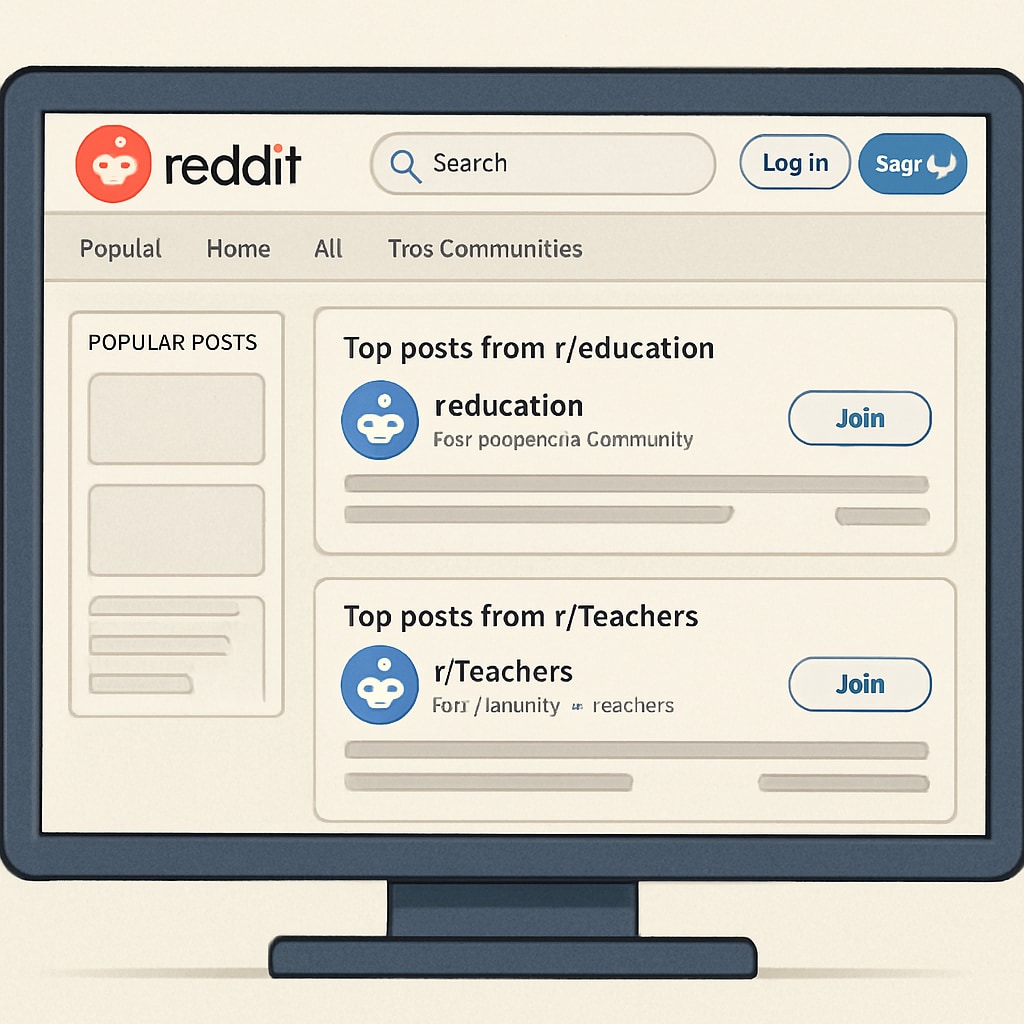 A screenshot of the Reddit homepage showing popular education subreddits such as r/education and r/Teachers. Screenshot of Reddit's education subreddits like r/education and r/Teachers.