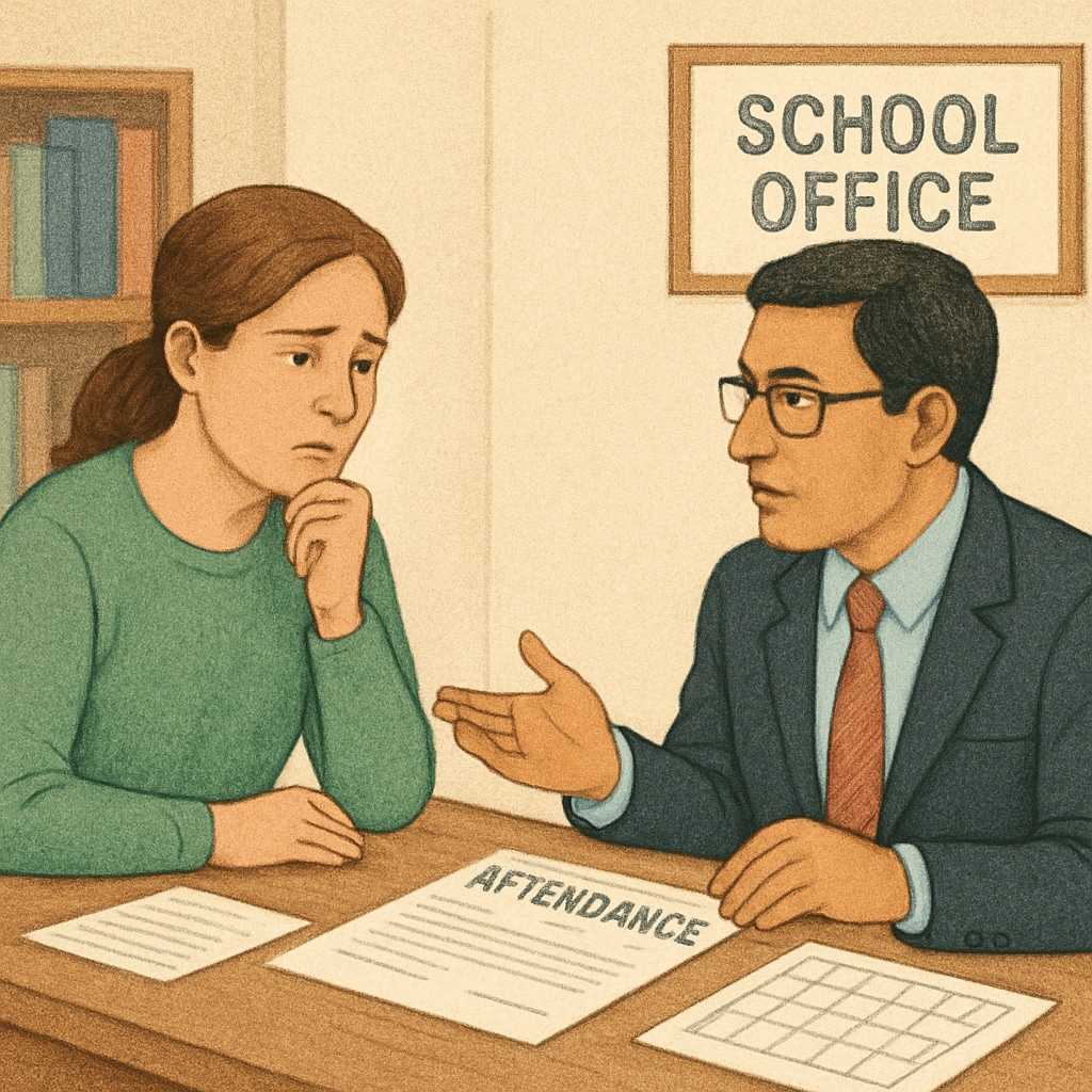 A concerned parent discussing attendance issues with a school administrator, symbolizing parental involvement. Parent and school administrator discussing attendance concerns.