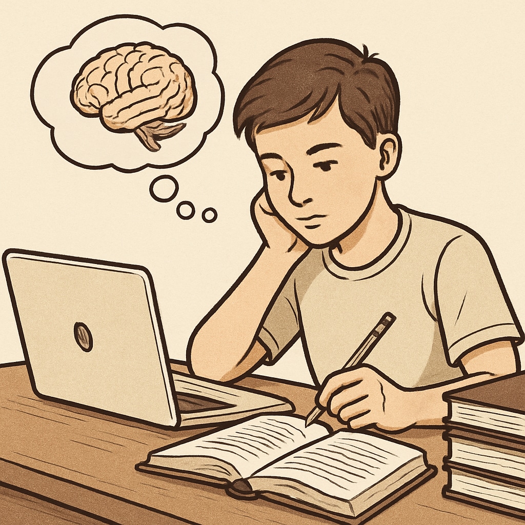 A teen sitting at a desk with a laptop and a stack of books, symbolizing focused study and memory improvement techniques. A teen studying, representing learning methods and book recommendations for teens.