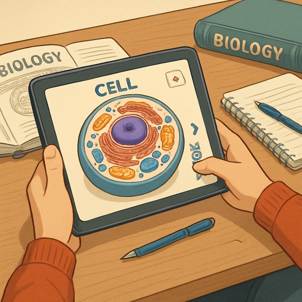 A student using a tablet with an interactive 3D model of a cell to study biology, symbolizing modern educational techniques. A student exploring interactive learning tools on a tablet for biology studies.