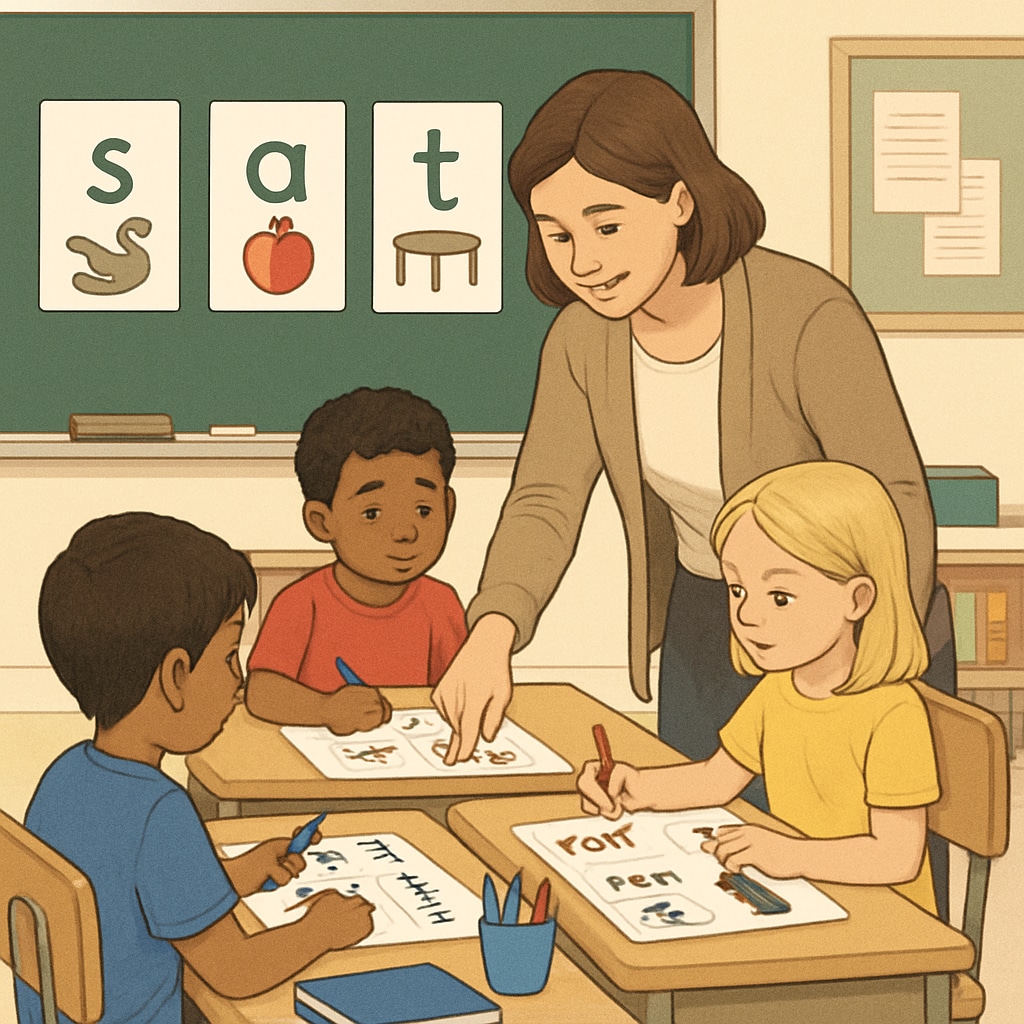 A teacher assisting students with phonics exercises in a classroom setting. Phonics-related classroom activity illustrating reading education methods.
