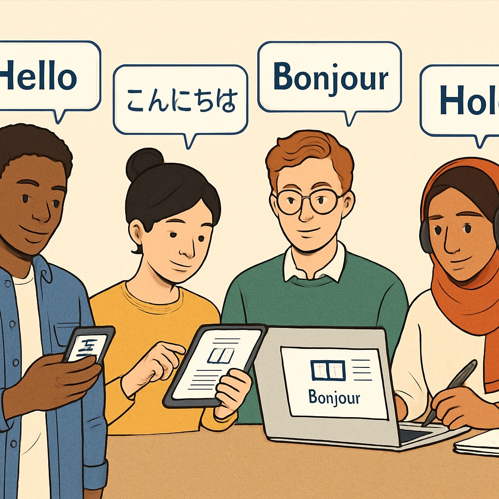 A diverse group of students using Gurwi on their devices, each accessing content in different languages. Students using an interactive education app with multi-language support.