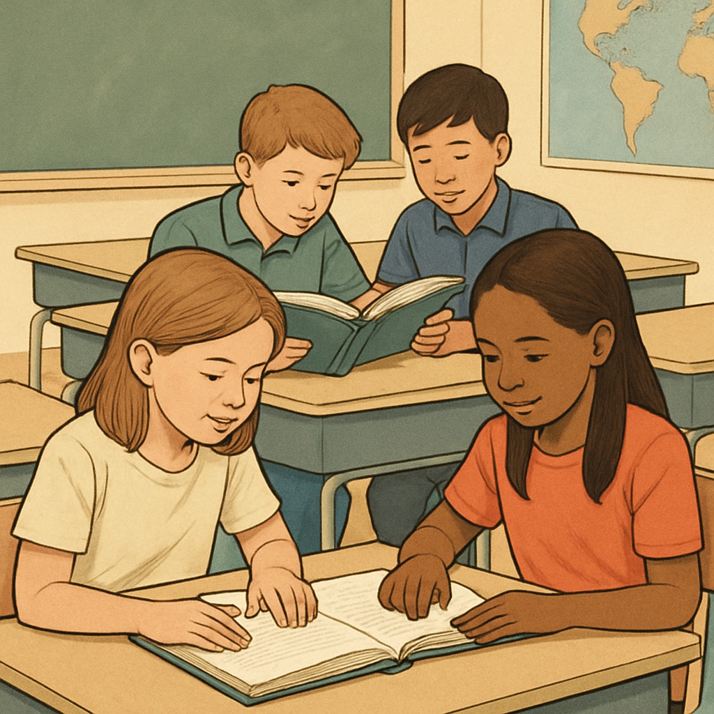 Students reading books in a classroom as part of a whole language activity. Whole language reading activity in a classroom setting.