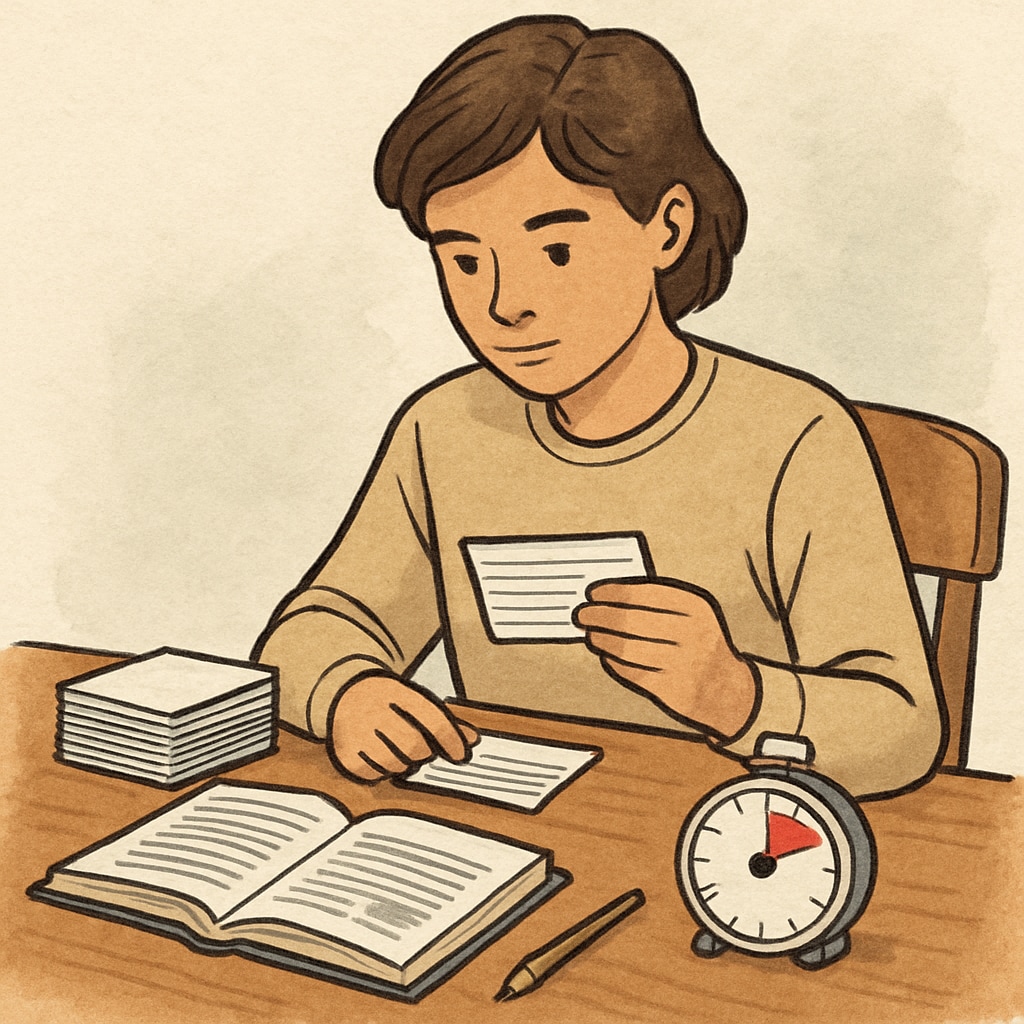 A student using flashcards and a timer, representing efficient exam preparation strategies under time constraints. A student preparing for exams efficiently using flashcards and a timer.