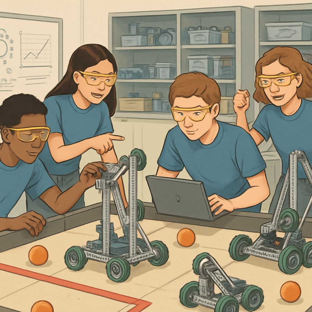 Students participating in a robotics competition as part of their high school STEM program. High school students competing in a robotics STEM event.