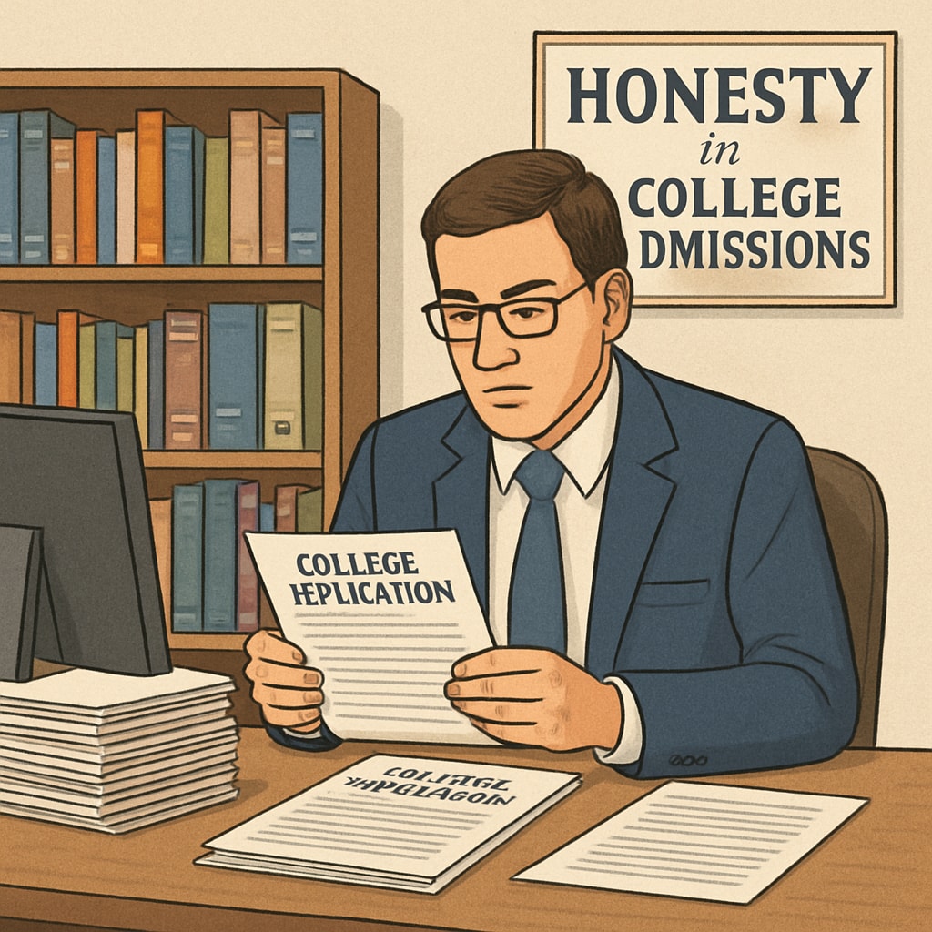 An admissions officer reviewing applications at a desk, emphasizing the importance of honesty in college admissions. Admissions officer reviewing college applications for inconsistencies.