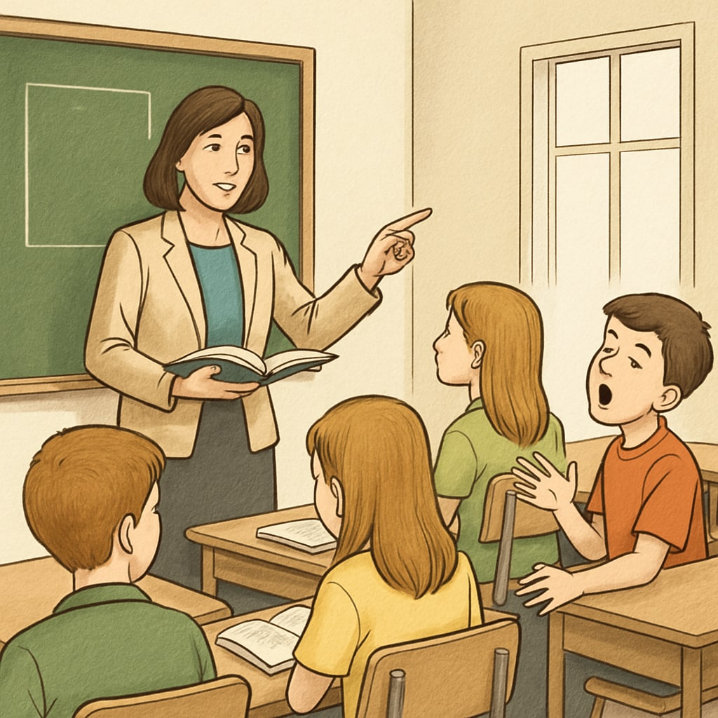 A classroom setting where a teacher is guiding engaged students, with one student visibly disrupting the session. Classroom disruption affecting willing learners in public schools