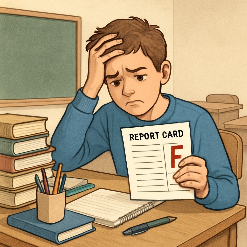 A student sitting at a desk, appearing frustrated while looking at a report card, symbolizing the emotional toll of unfair assessments. Frustrated student reviewing grades, highlighting the need for academic appeals.