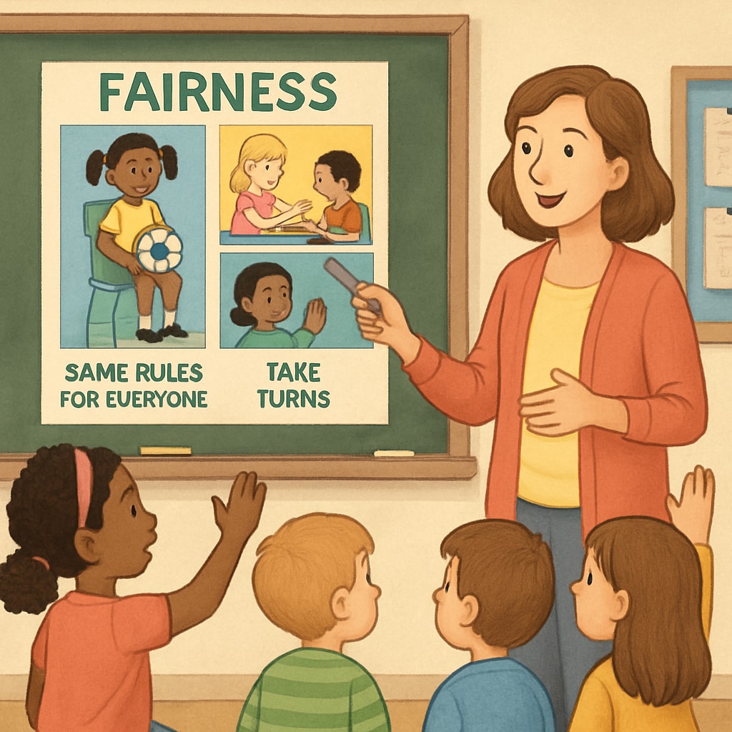 A classroom of first-grade students engaged in a discussion about fairness, with the teacher using visual aids to explain concepts. First-grade students discussing fairness in a classroom setting.