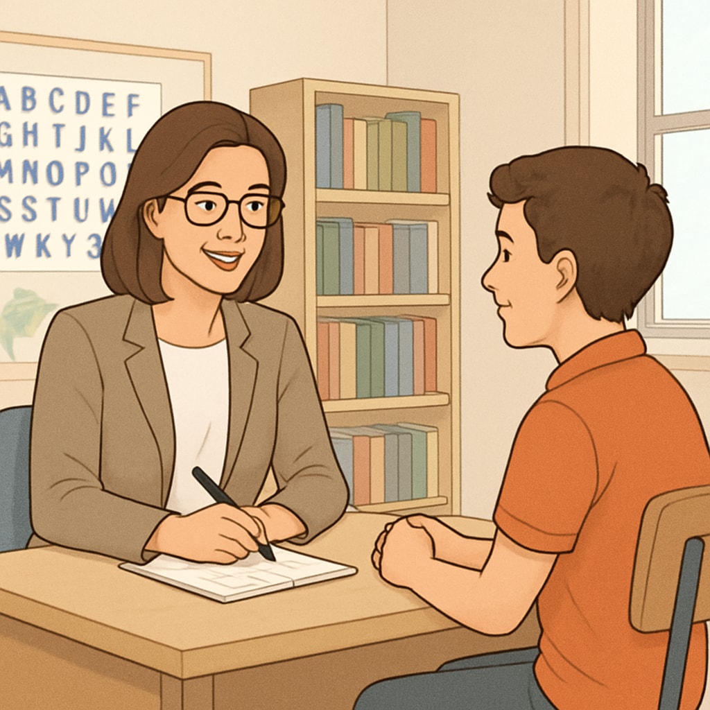 A psychologist working with a student in a calm, supportive environment. Psychological intervention for disruptive students in public schools