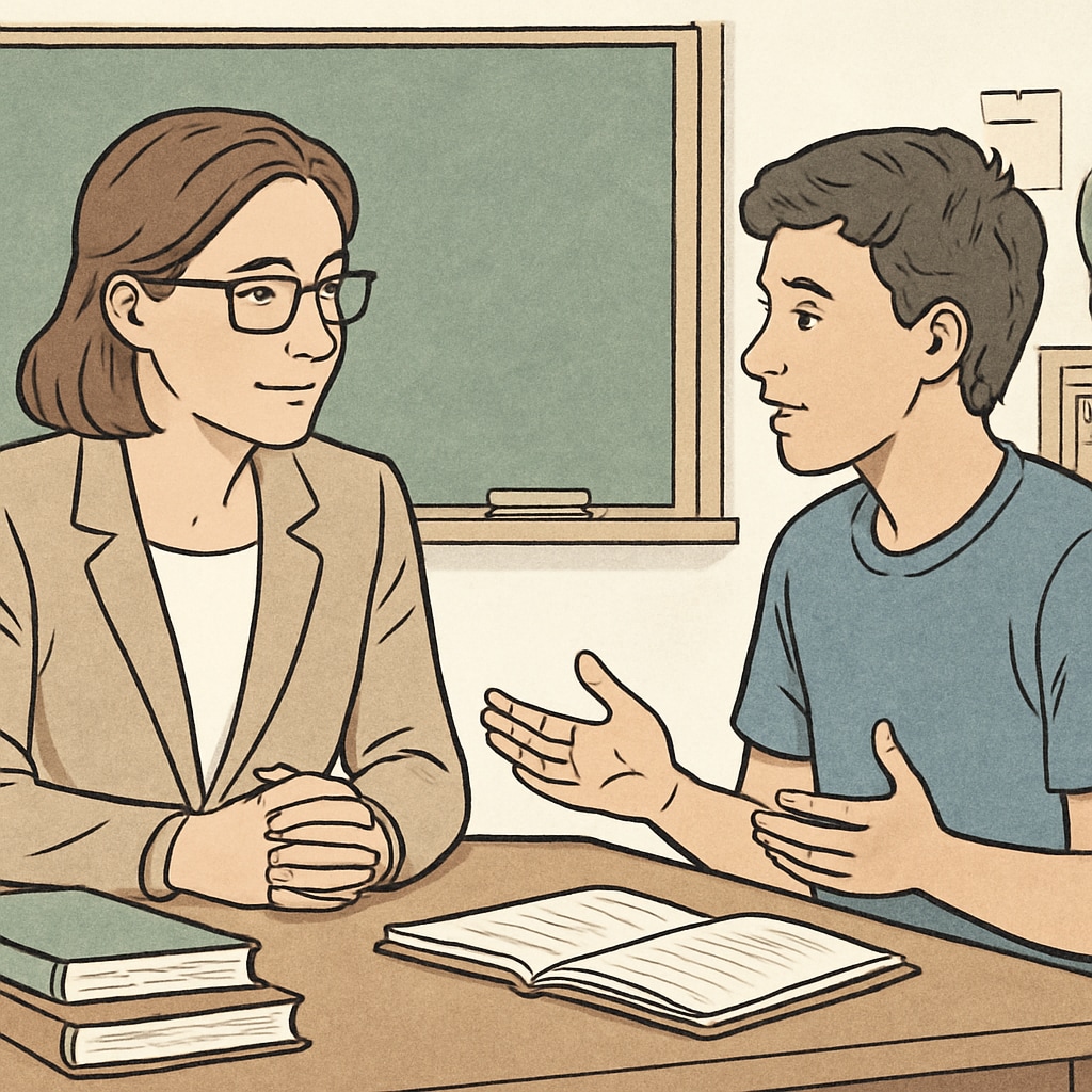 A teacher and a student having a constructive conversation about academic progress, representing the importance of transparent communication in resolving disputes. Teacher and student discussing academic progress, emphasizing fair appeal processes.