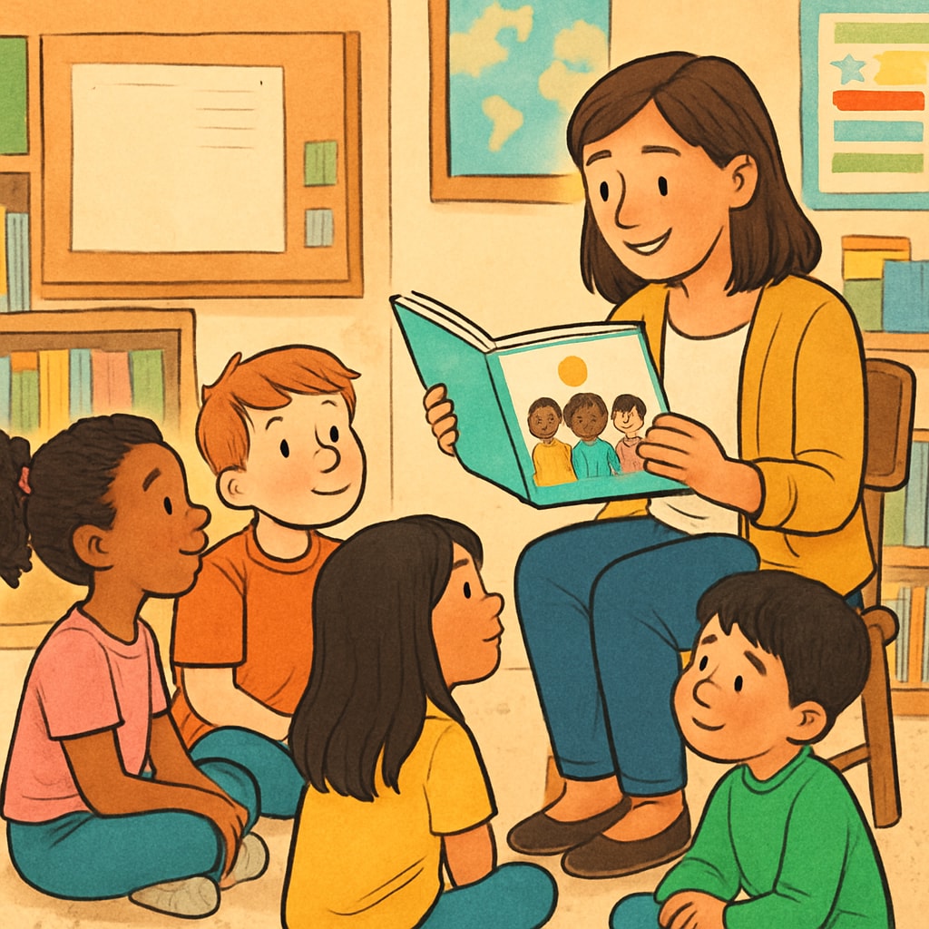 A teacher reading a children's book about inclusion and diversity to a group of students. Teacher reading a book on diversity to young students.