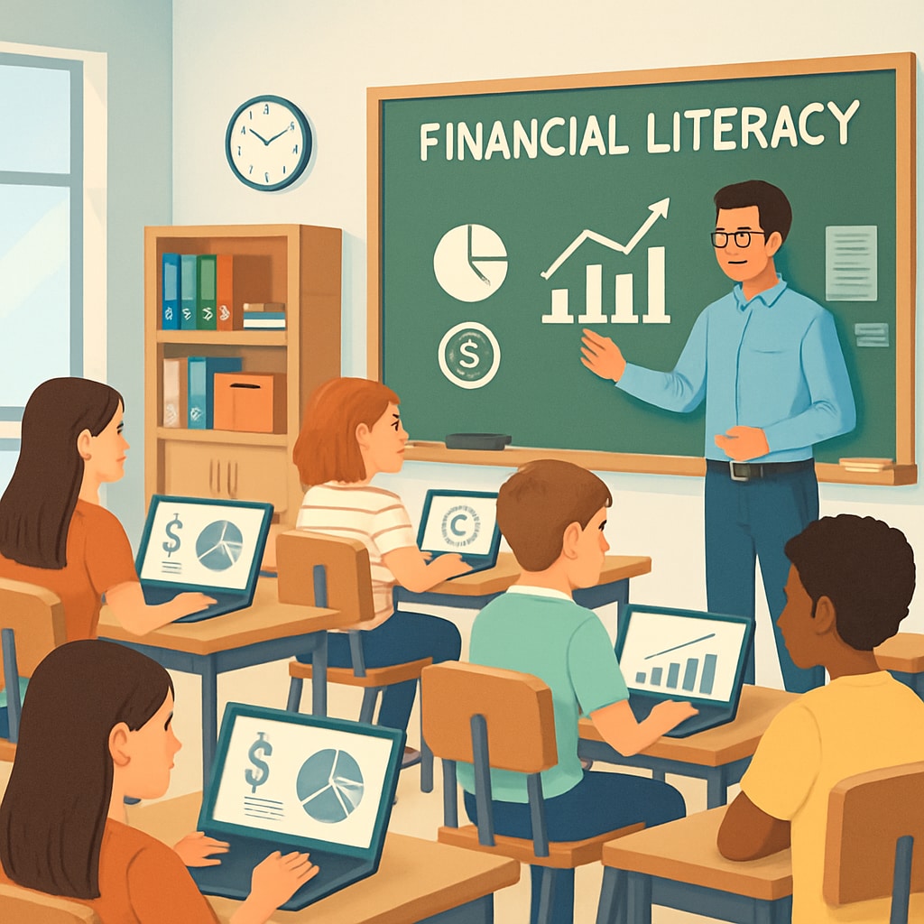 A modern classroom with students learning about financial literacy on laptops. The image represents the integration of financial education into schools. Students learning financial literacy in a classroom setting