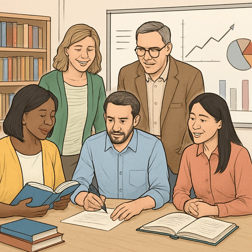 A group of K12 educators and UC researchers collaborating in a classroom setting. K12 educators and UC employees working together to solve education challenges.