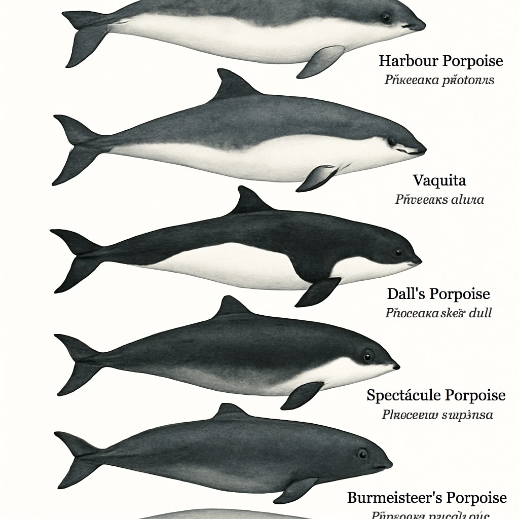 A detailed diagram showcasing the six species of porpoises, highlighting differences in physical features such as size, dorsal fin shape, and coloration. Diagram showing porpoises, marine life, species diversity.