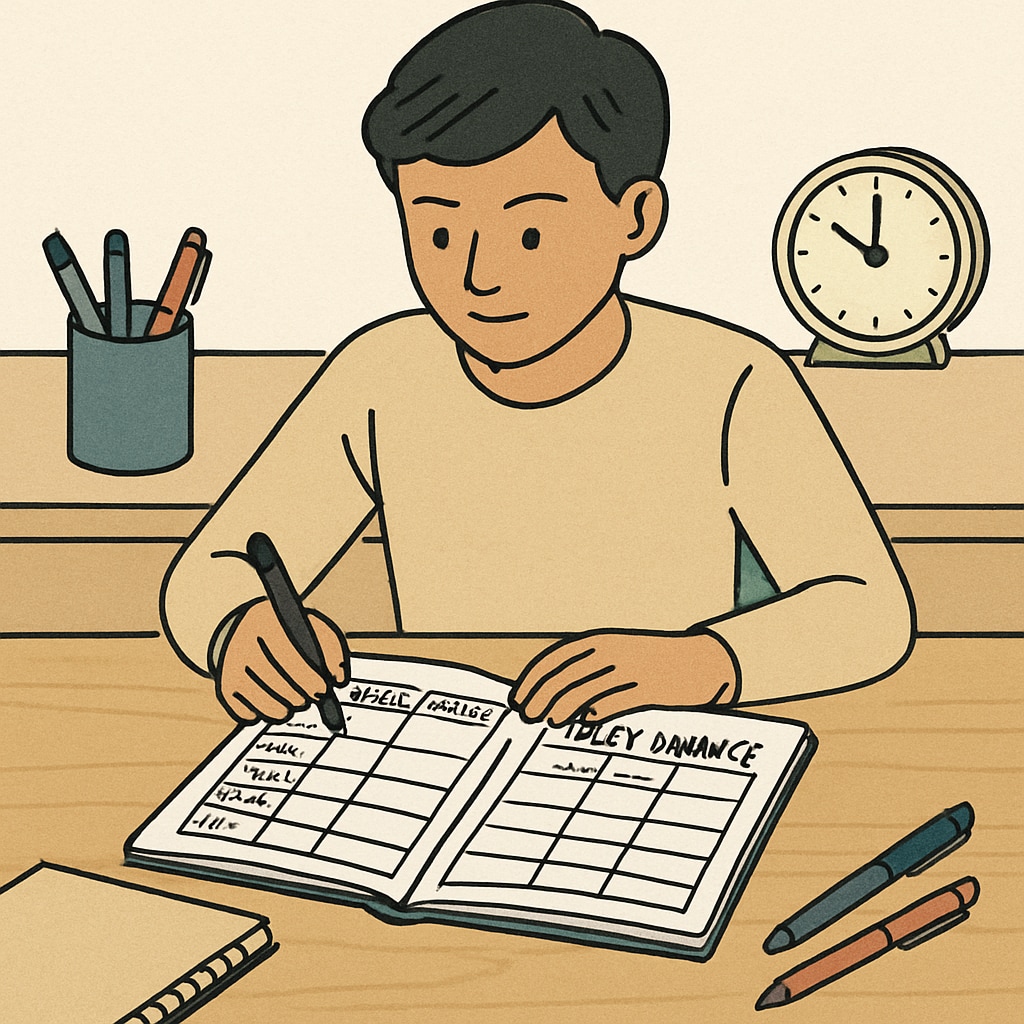 A student using a planner to organize their weekly schedule. The image highlights the importance of time management in daily life. Student organizing weekly schedule in a planner