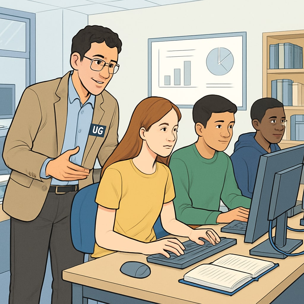 A UC graduate student mentoring a group of high school students in a computer lab. UC graduate student assisting K12 students with a STEM project.
