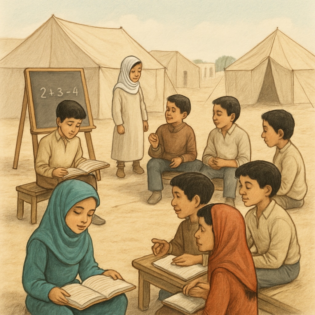 A photo illustrating children in a Middle Eastern refugee camp engaging in educational activities, highlighting the need for greater awareness and support. Children in a Middle Eastern refugee camp participating in educational activities.