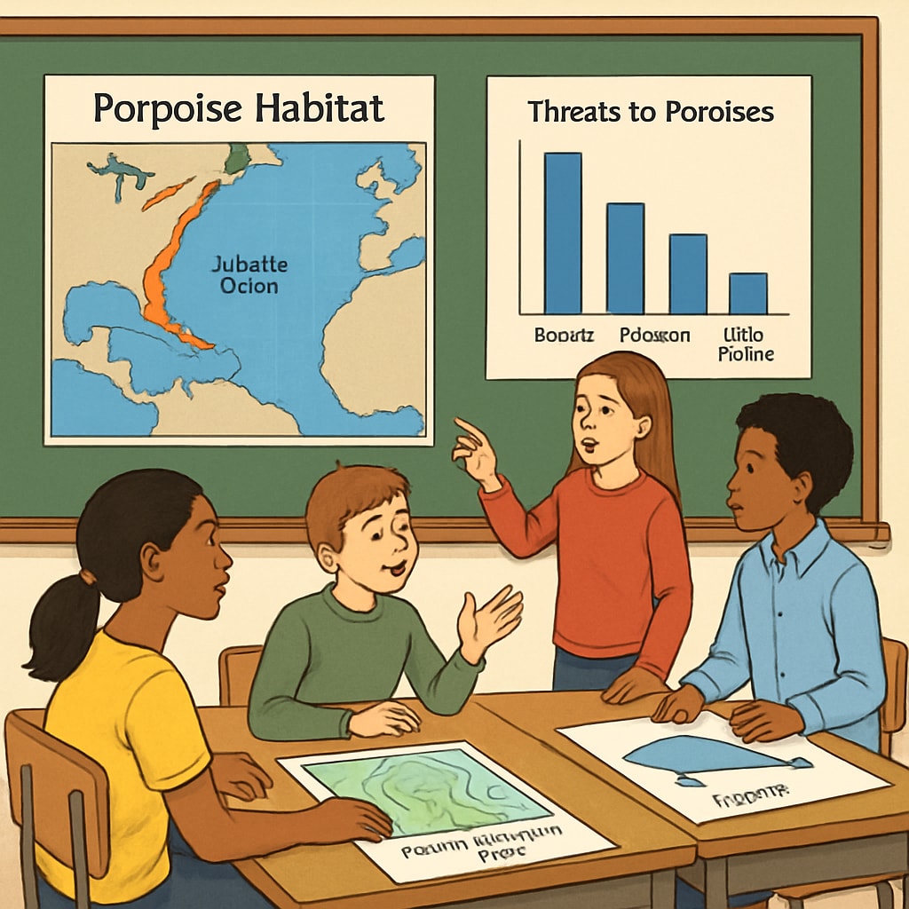 A classroom activity setup illustrating students analyzing maps and diagrams of porpoise habitats and discussing marine conservation. Students learning about porpoises, marine life, and species conservation.