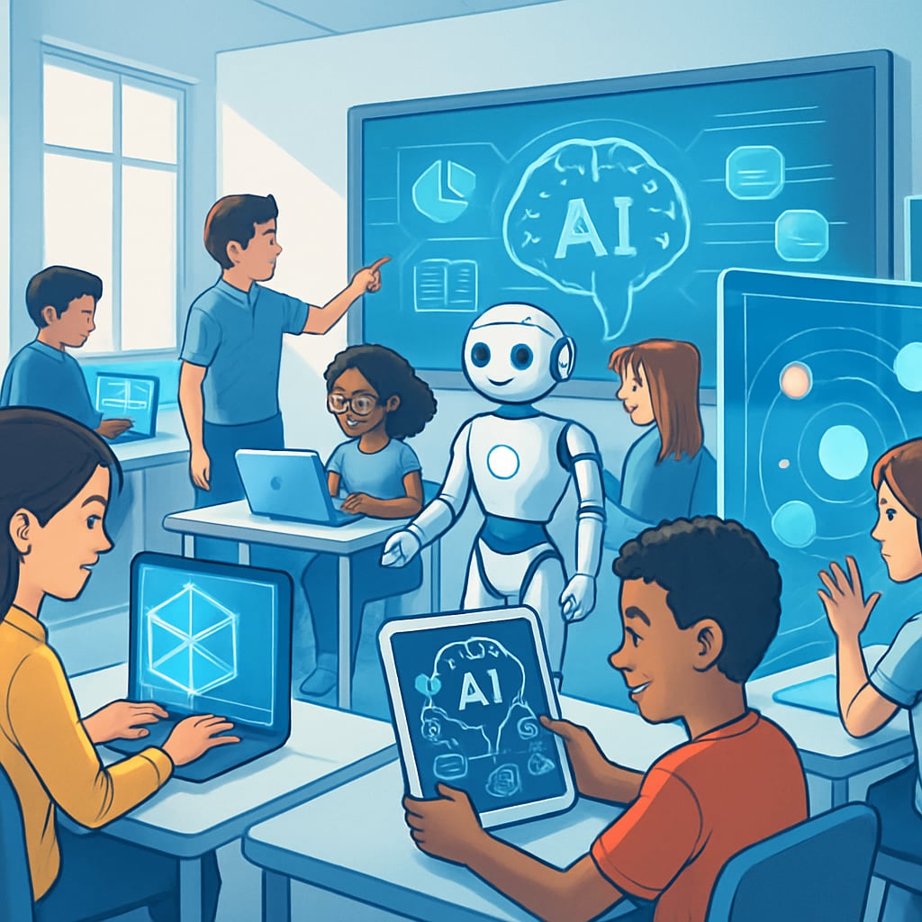 A futuristic classroom setting where students interact with AI-powered learning tools, showcasing how technology enhances education in the AI era. AI-powered classroom tools in education.
